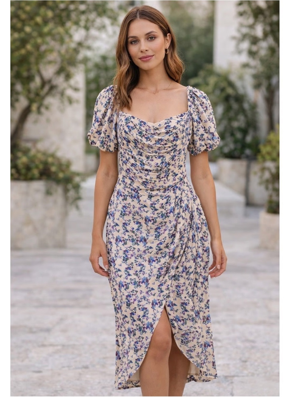 Astr Cream Midi Dress with Blue Floral Print